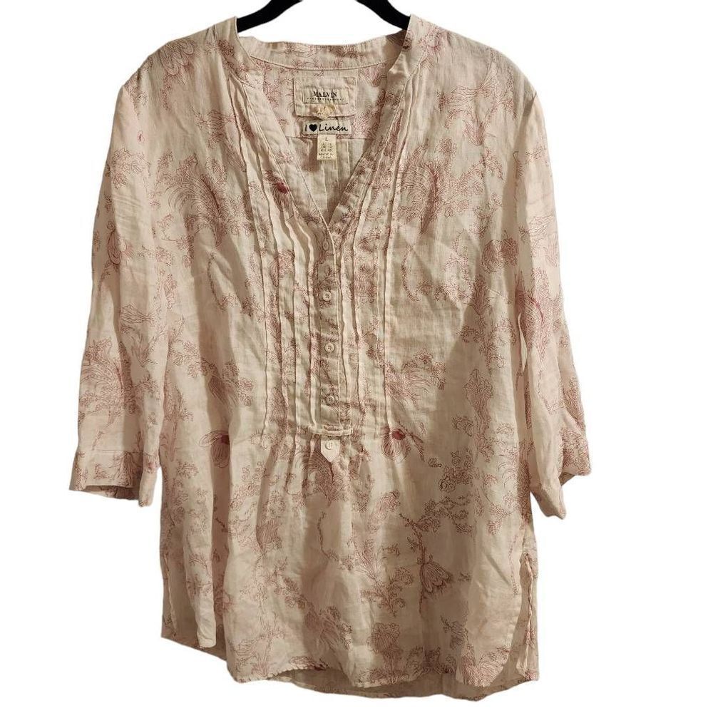 Malvin I Love Linen Pink White Stunning Victorian Printed Top Size Large EUC